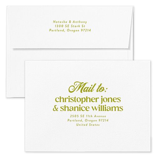 Modern Retro Type Save The Date Card Envelopes White Brass Both Recipient and Return Addresses Signature Standard
