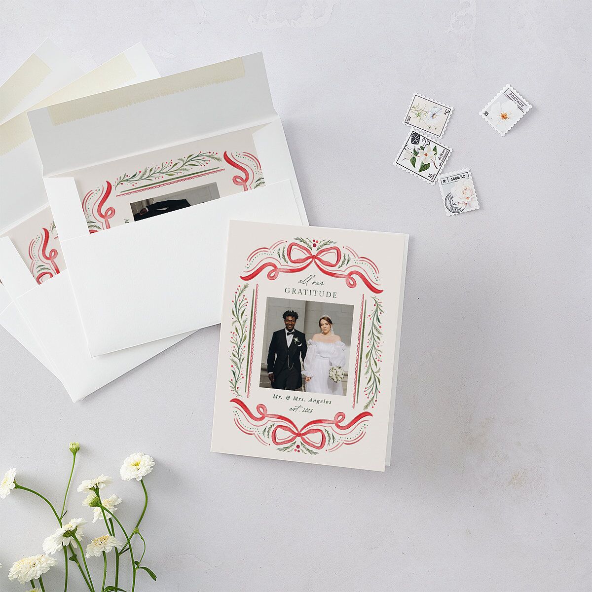 Whimsical Holiday Bow with Garland Thank You Cards Ruby