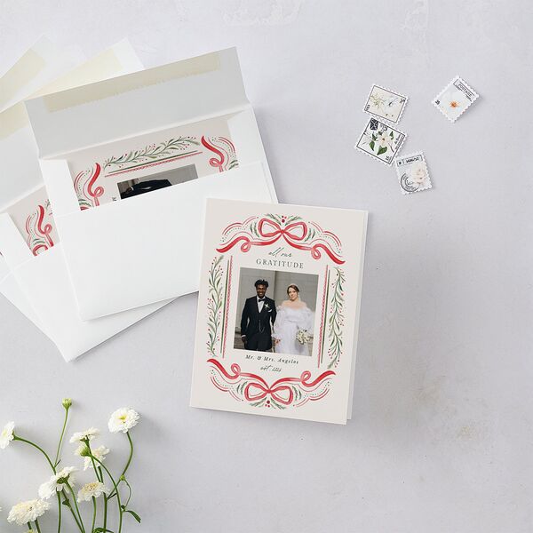 Whimsical Holiday Bow with Garland Thank You Cards Ruby