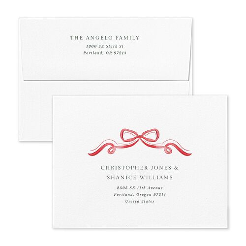 Whimsical Holiday Bow with Garland Thank You Card Envelopes White Ruby Both Recipient and Return Addresses Signature Standard