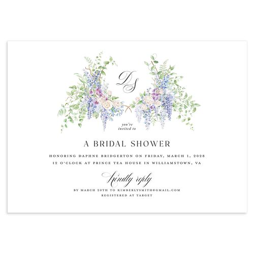 Formal Wisteria Garden Crest Bridal Shower Invitations by Bridgerton Cornflower Signature Blank Standard
