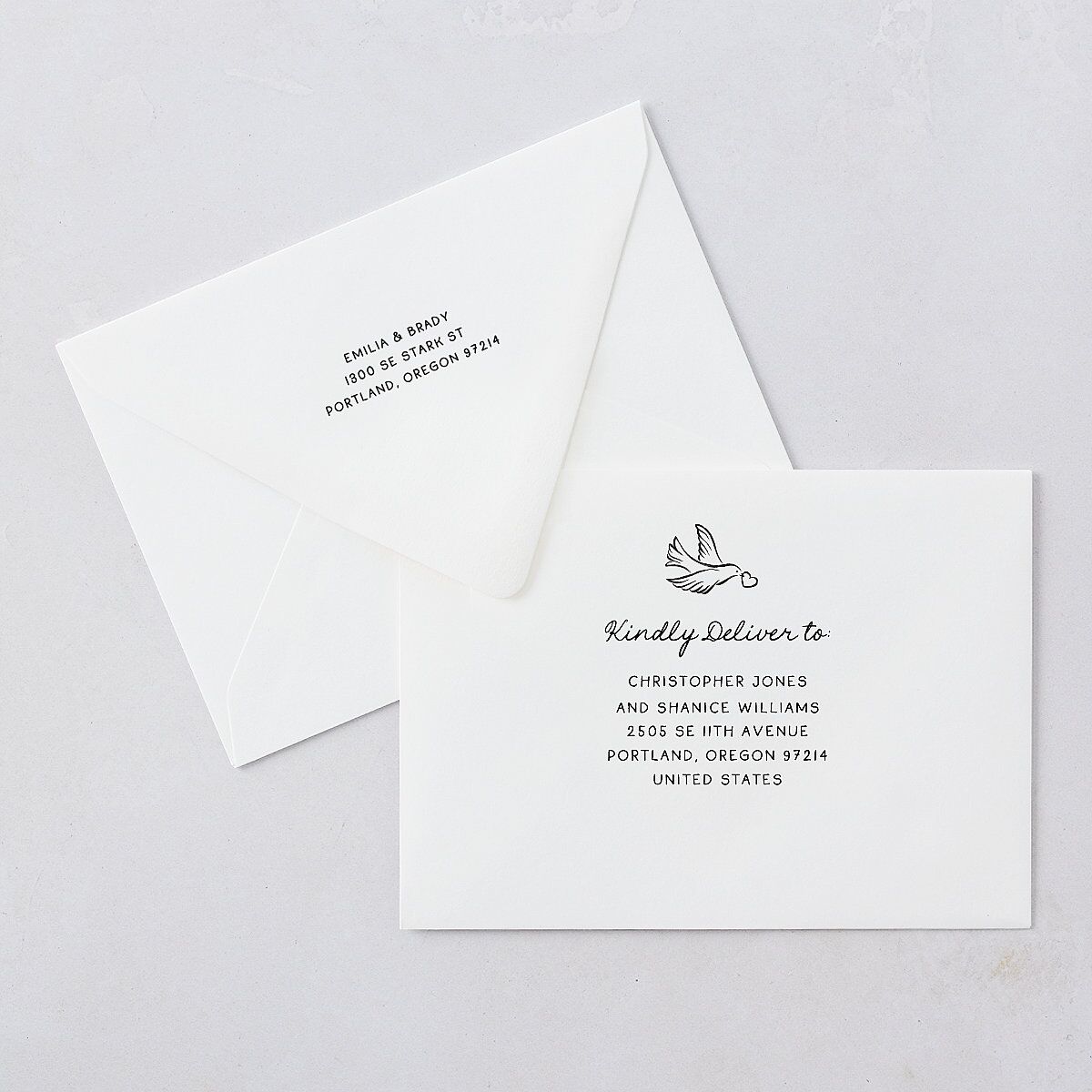 Vintage Lovebird Banner Wedding Invitation Euro Envelopes White Linen Both Recipient and Return Addresses Luxe Signature