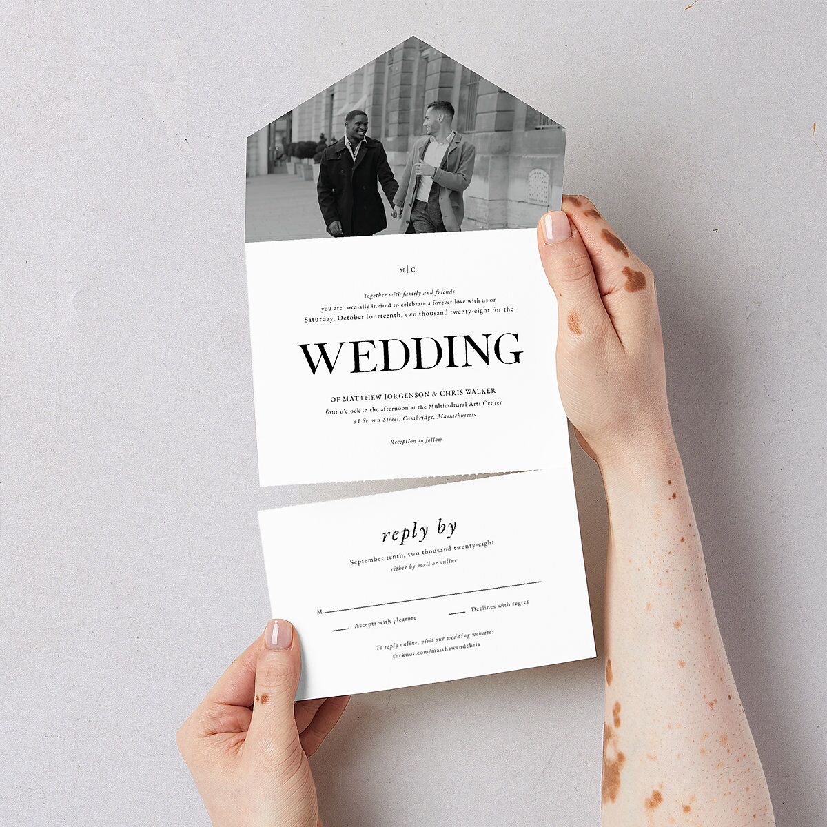 Classically Stated All-in-One Wedding Invitations Pure White No Signature Light Both Recipient and Return Addresses