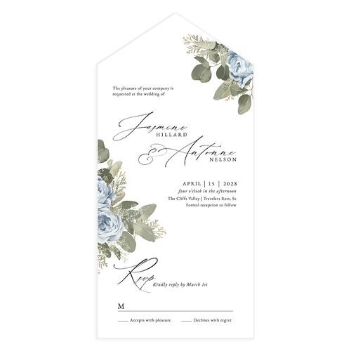 Romantic Roses All-in-One Wedding Invitations Pastel Blue Signature Light Both Recipient and Return Addresses No