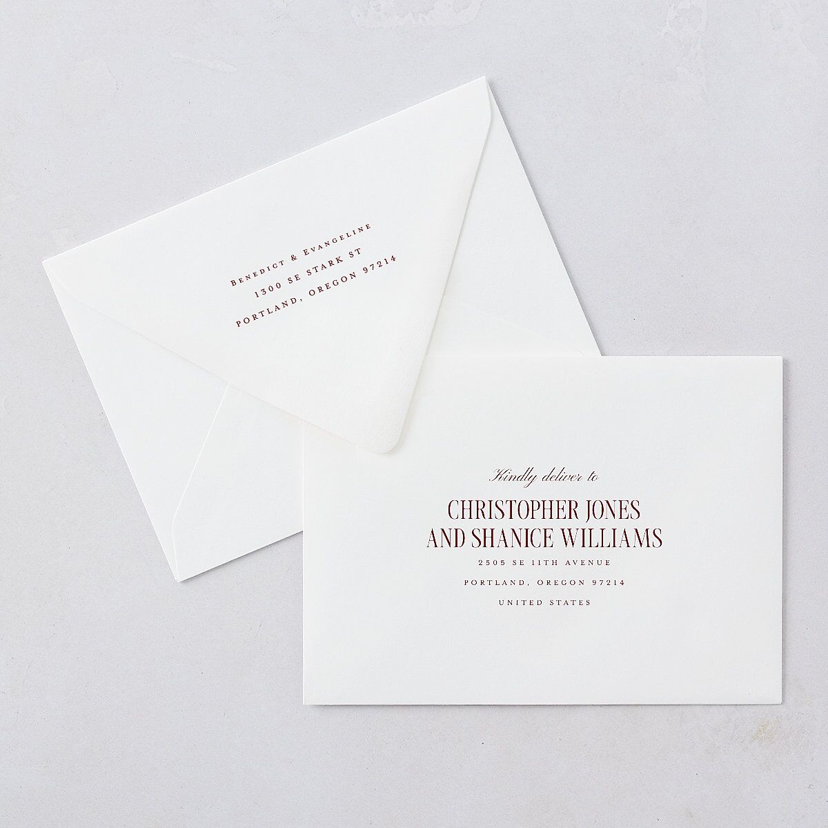 Elegant Diamond Pattern Save The Date Card Euro Envelopes White Burgundy Both Recipient and Return Addresses Luxe Signature