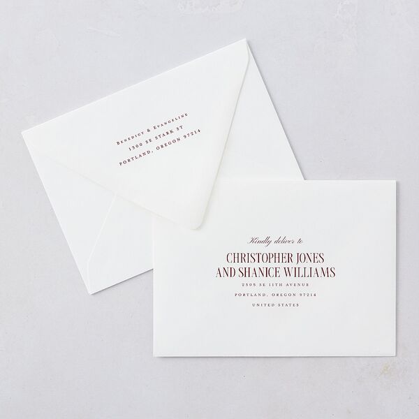 Elegant Diamond Pattern Save The Date Card Euro Envelopes White Burgundy Both Recipient and Return Addresses Luxe Signature