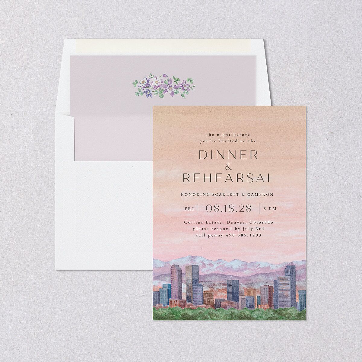 Scenic Denver Colorado Rehearsal Dinner Invitations Peach Pink Signature Blank