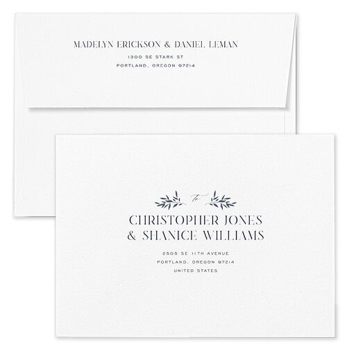 Ampersand Greenery Wedding Invitation Envelopes White Navy Both Recipient and Return Addresses Standard Signature