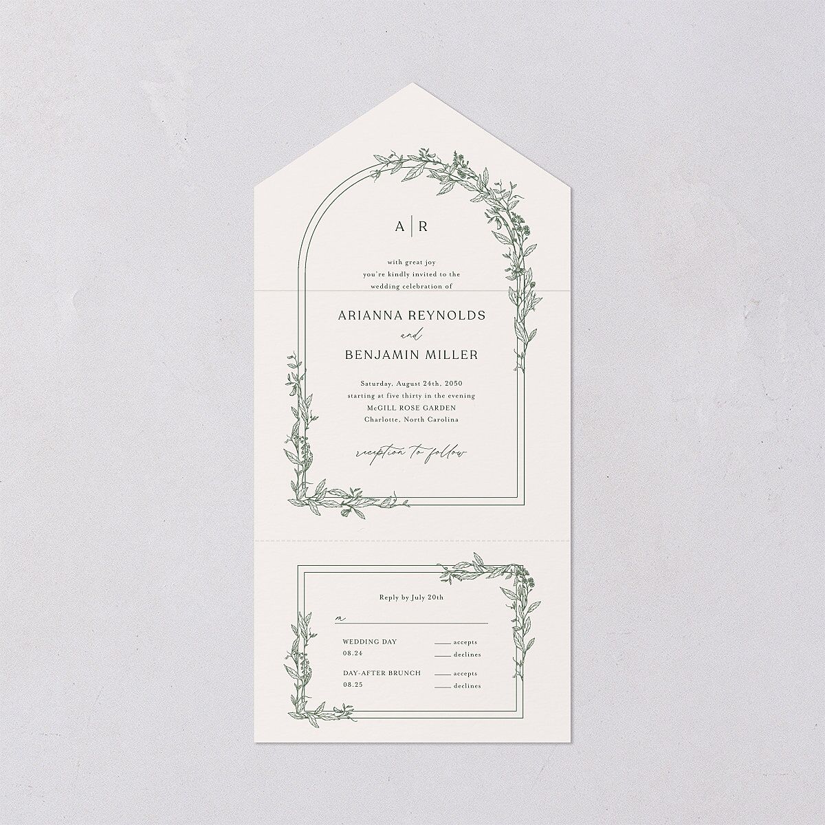Botanical Arch All-in-One Wedding Invitations Hunter Green Signature Light Both Recipient and Return Addresses No