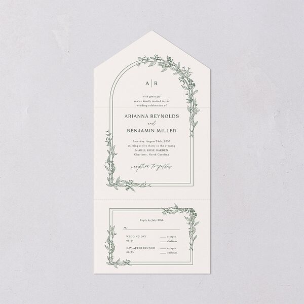 Botanical Arch All-in-One Wedding Invitations Hunter Green Signature Light Both Recipient and Return Addresses No