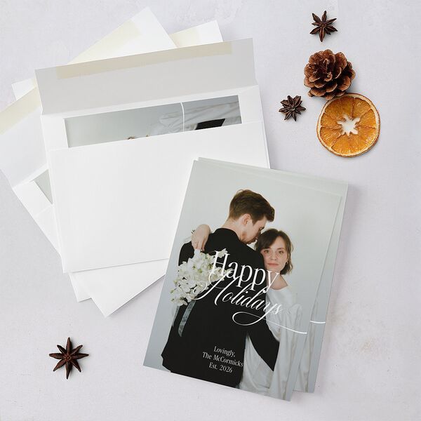 Timeless Happy Holiday Photo Holiday Cards Pure White Signature Blank Standard