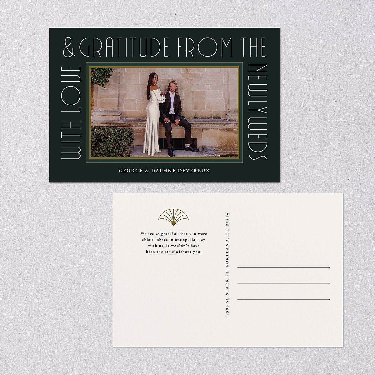 Gatsby Deco Arch Thank You Postcards Dark Emerald