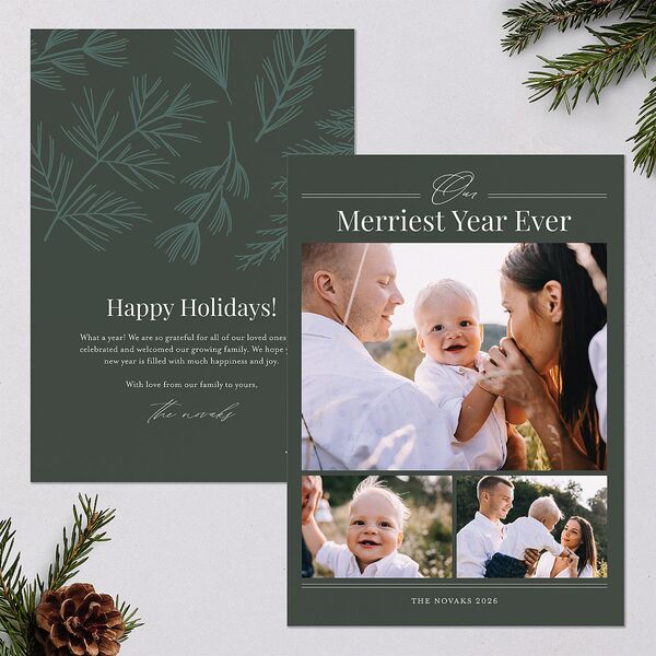Our Merriest Year Baby Announcement Holiday Cards Hunter Green Signature Blank Standard Landscape