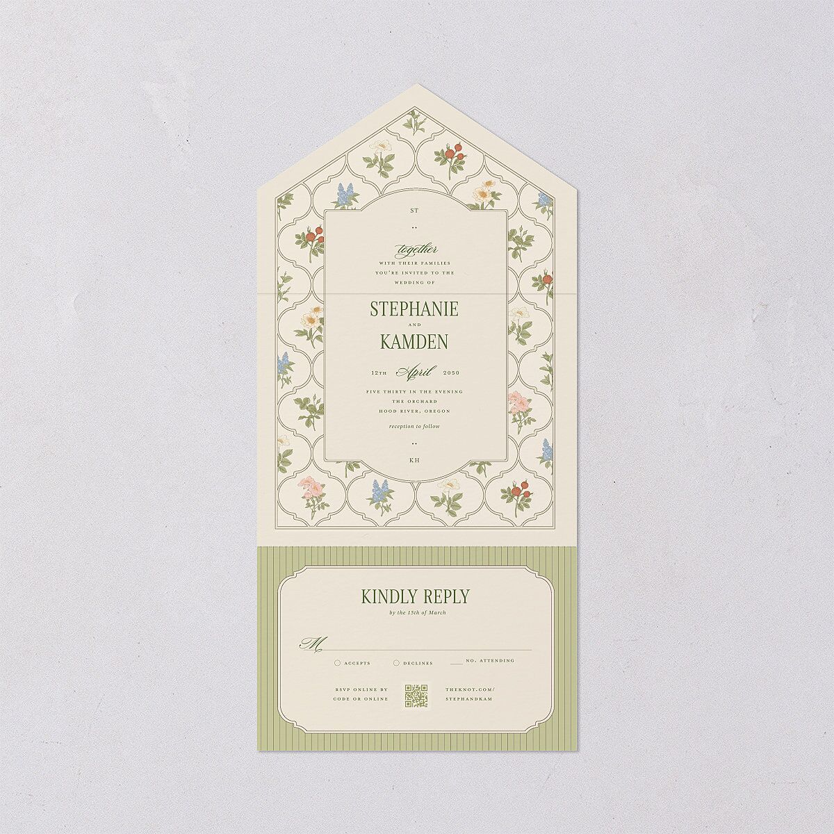 Floral Vintage Lattice All-in-One Wedding Invitations Champagne Signature Light Both Recipient and Return Addresses No