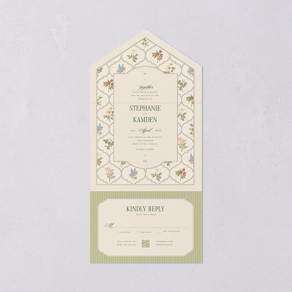 Floral Vintage Lattice All-in-One Wedding Invitations Champagne Signature Light Both Recipient and Return Addresses No