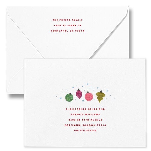 Vintage Christmas Ornaments Holiday Card Euro Envelopes White Barely Peach Both Recipient and Return Addresses Luxe Signature