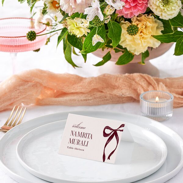 Whimsical Hand Drawn Bow Place Cards Burgundy Signature