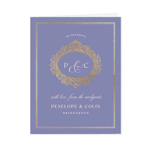 Glamorous Crown Monogram Crest Thank You Cards by Bridgerton Gold Cornflower