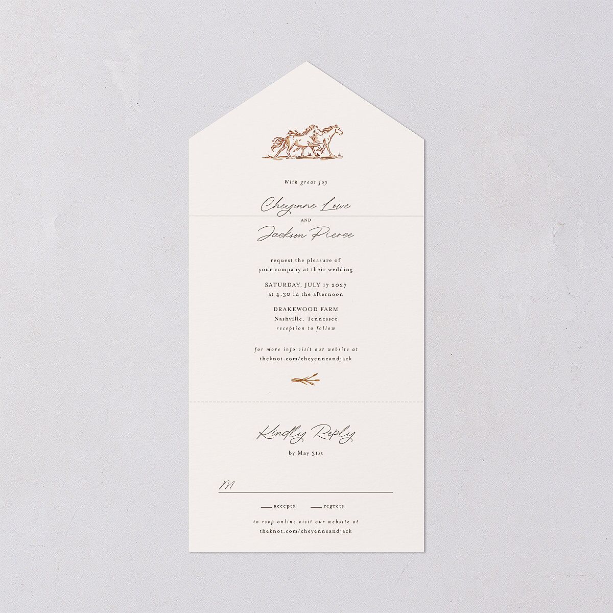 Western Wild Horses All-in-One Wedding Invitations Copper Signature Light Both Recipient and Return Addresses No