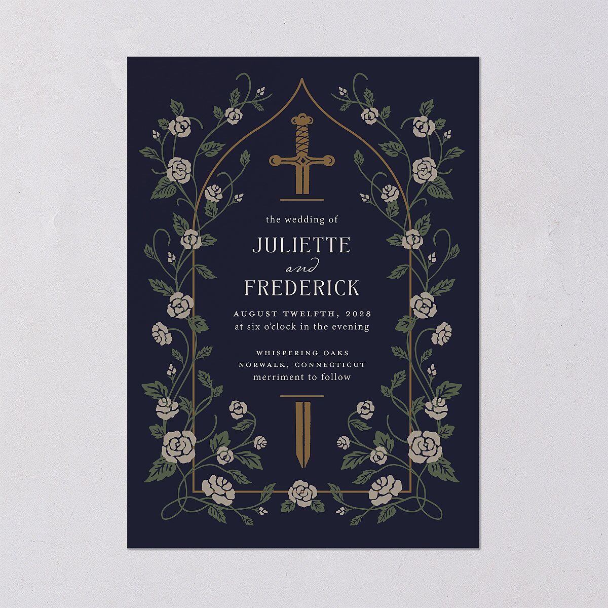 Sword and Roses Fantasy Garden Wedding Invitations Dark Navy Signature Blank No Standard