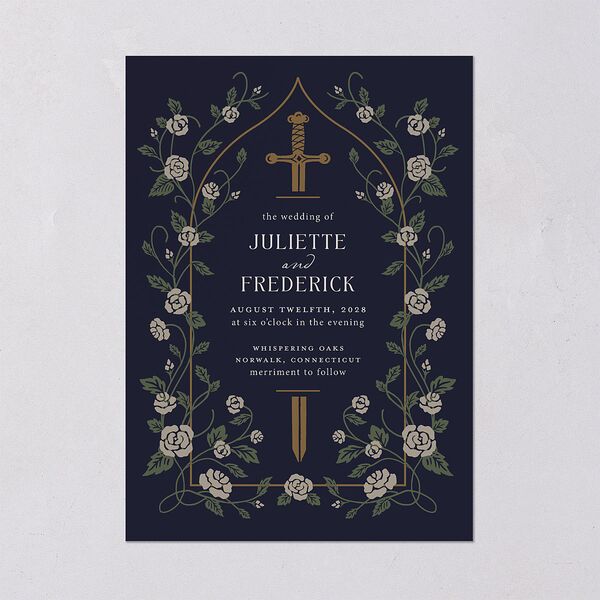 Sword and Roses Fantasy Garden Wedding Invitations Dark Navy Signature Blank No Standard