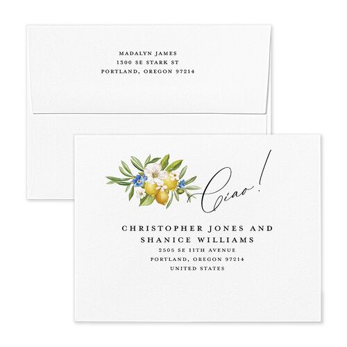 Romantic Italian Coastal Lemons Bridal Shower Thank You Card Envelopes White Sapphire Both Recipient and Return Addresses Signature Standard