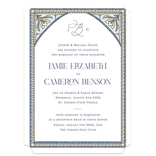 Church Stained Glass Wedding Invitations Moody Blue Signature Blank No Ticket