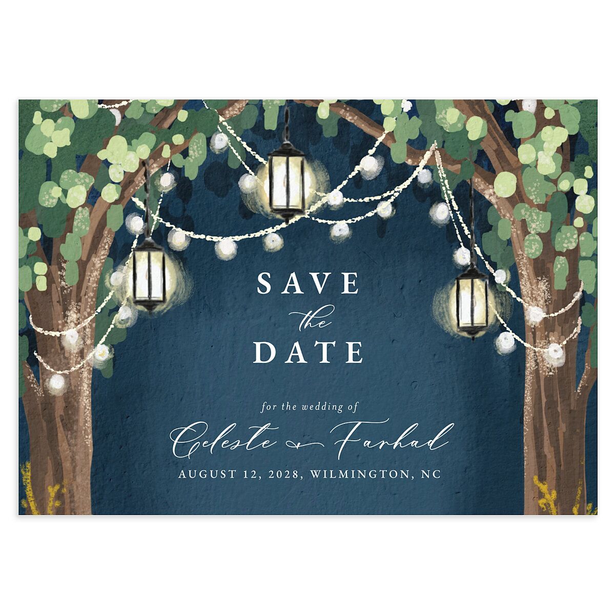 Illuminated Trees Save The Date Cards