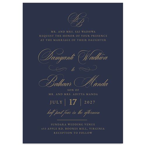 Vintage Flourish Wedding Invitations Moody Blue Signature Blank No Standard