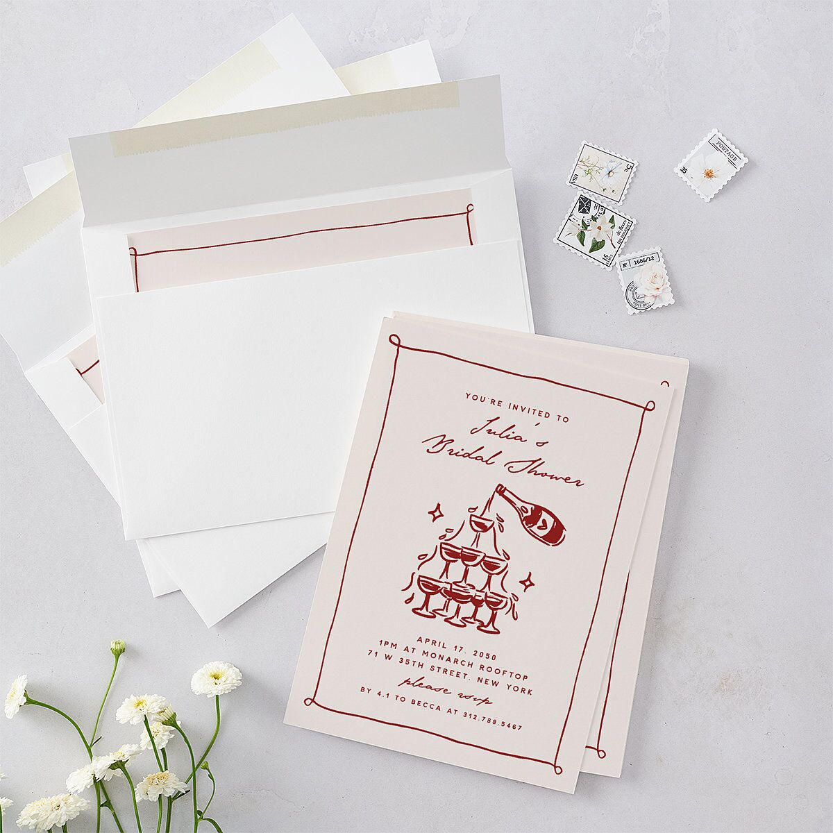 Hand Drawn Cake Bridal Shower Invitations Red Clay Signature Blank Ticket