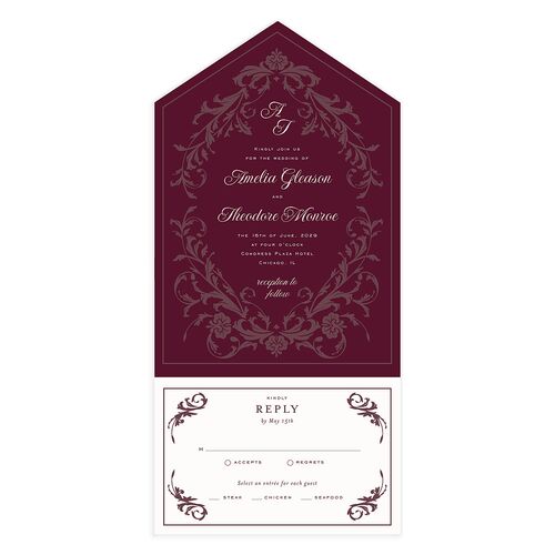 Romantic Vintage Luxury Foil All-in-One Wedding Invitations Burgundy Signature Light Both Recipient and Return Addresses No