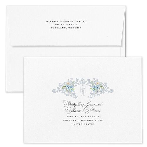 Elegant Floral Regency Wedding Invitation Envelopes White Dusty Blue Both Recipient and Return Addresses Standard Signature