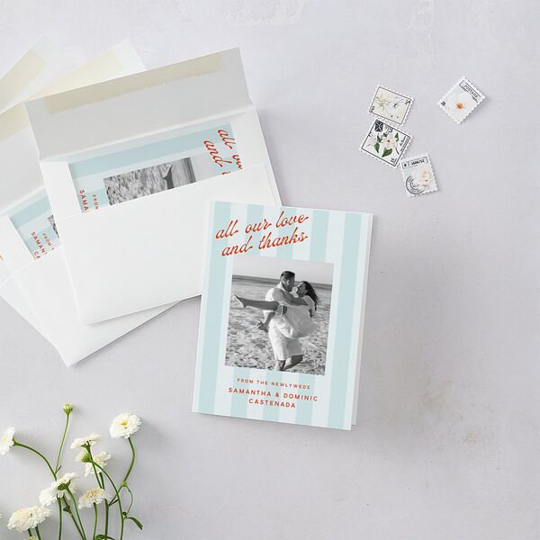 Cabana Stripe Photo Thank You Cards Pastel Blue