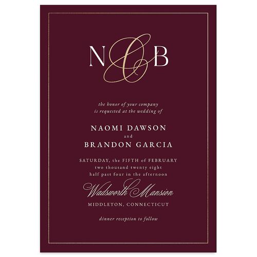 Romantic Ampersand Foil Wedding Invitations Deep Claret Gold Signature Blank No Standard