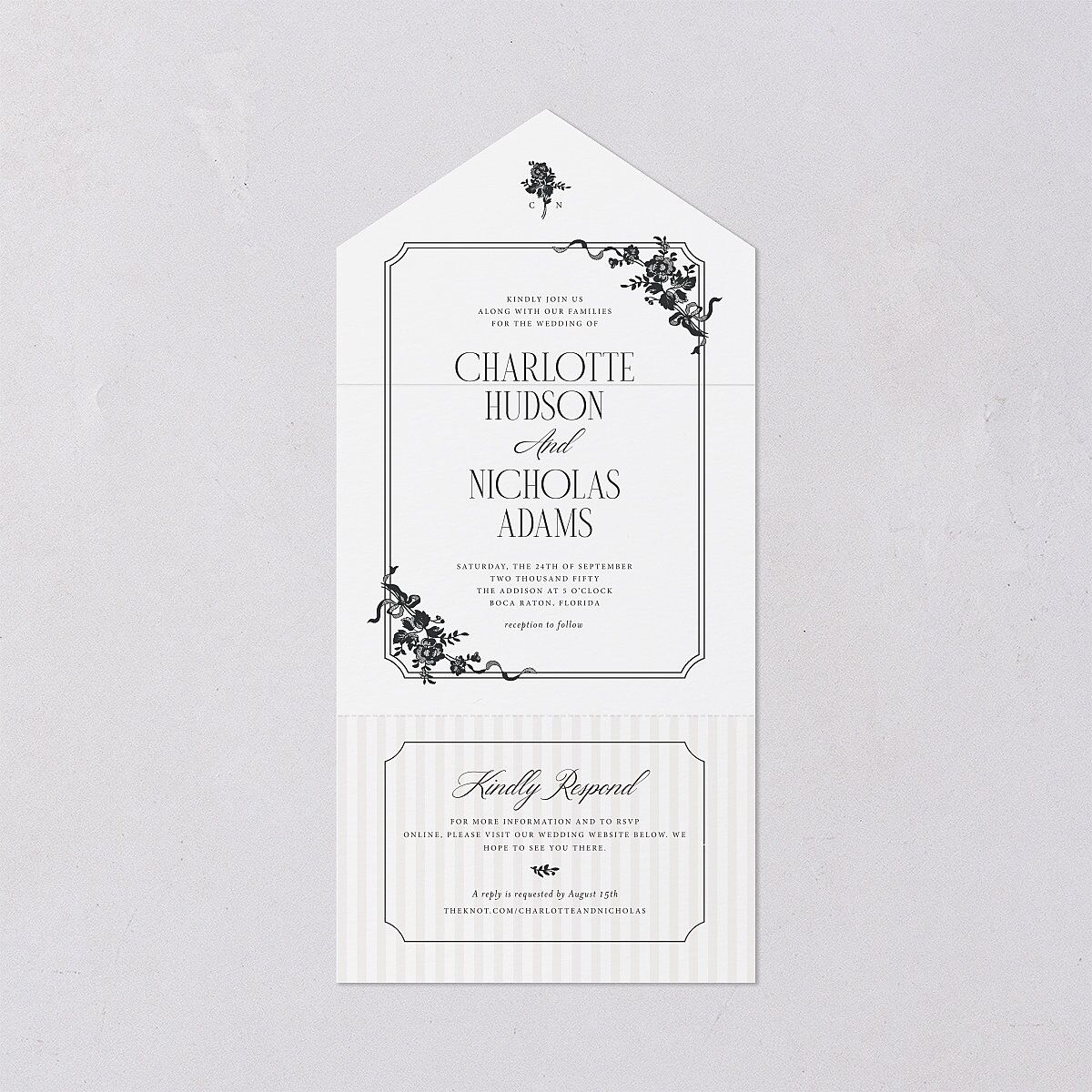 Old Money Botanical All-in-One Wedding Invitations Pure White Signature Light Both Recipient and Return Addresses No
