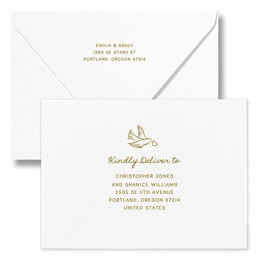 Vintage Lovebird Banner Rehearsal Dinner Invitation Euro Envelopes White Umber Both Recipient and Return Addresses Luxe Signature