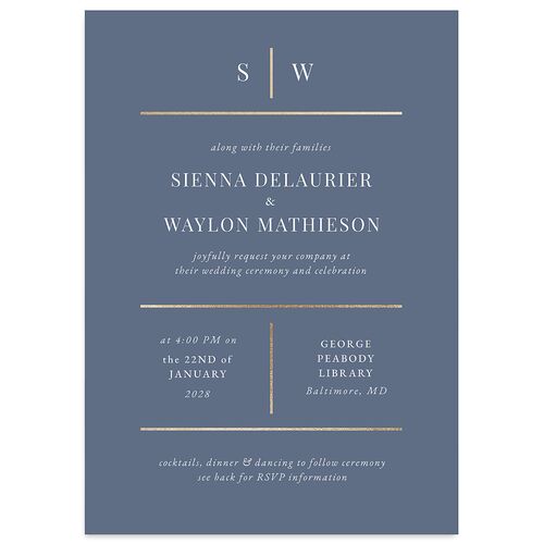 Classic Line Foil Wedding Invitations Regency Blue Gold Signature Blank No Standard