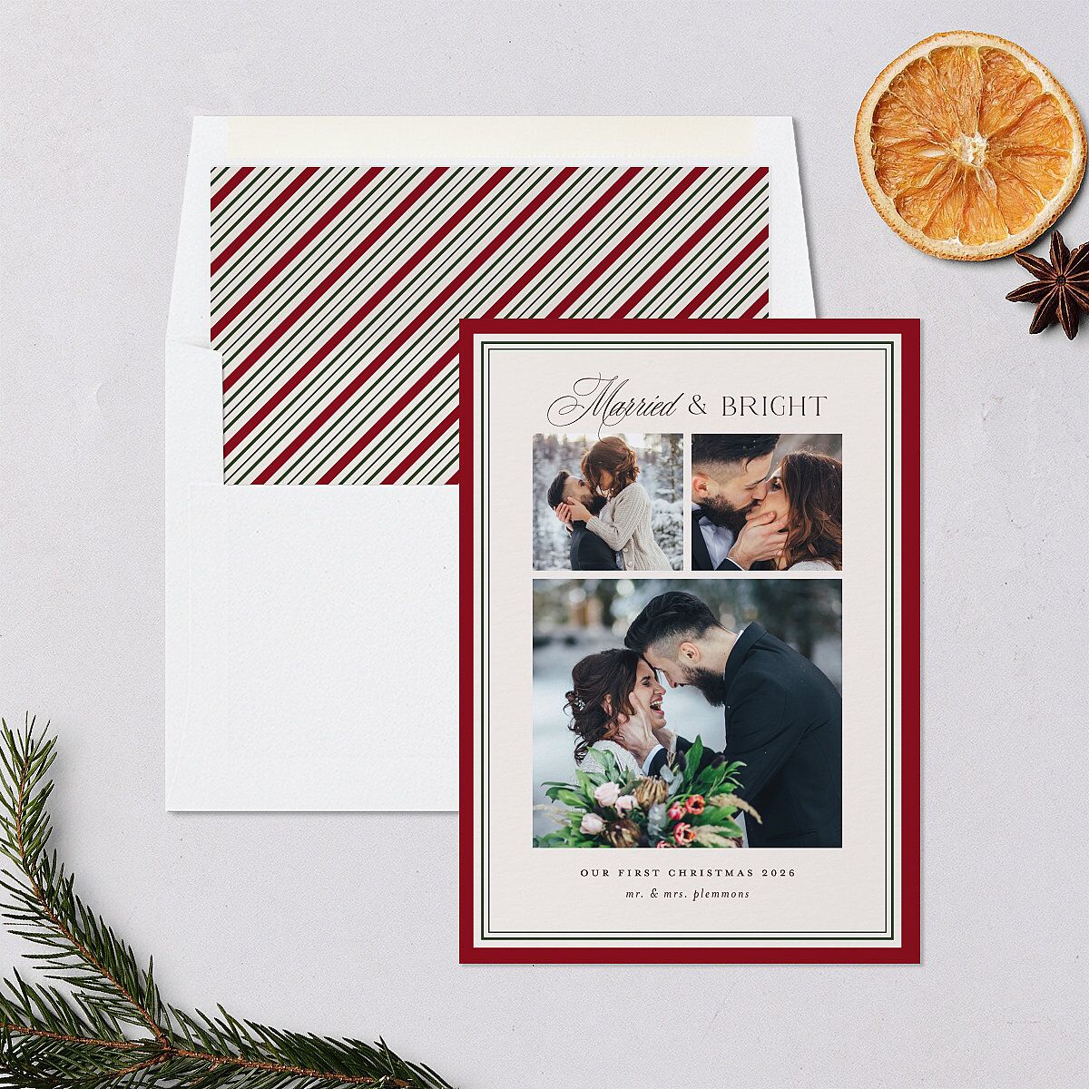 Classic Border First Married Christmas Holiday Cards Ruby Signature Blank Standard