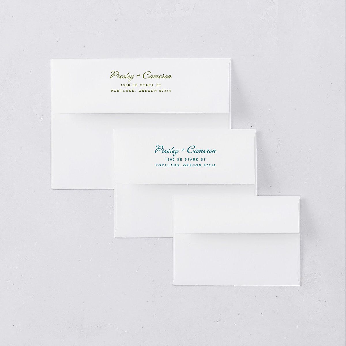 Cabana Stripes Save the Date Petite Card Envelopes Olive Standard White Both Recipient and Return Addresses Signature