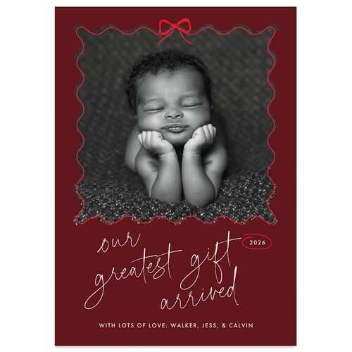 Our Greatest Gift Wavy Bow Frame Holiday Cards Jewel Red Signature Blank Standard Portrait