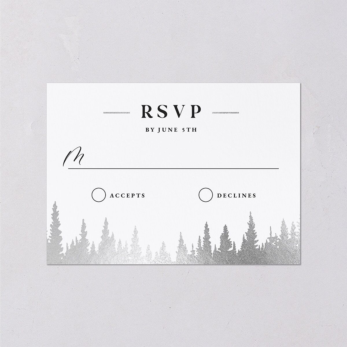 Mountain Escape Foil Wedding Response Cards Silver Dark Emerald Signature