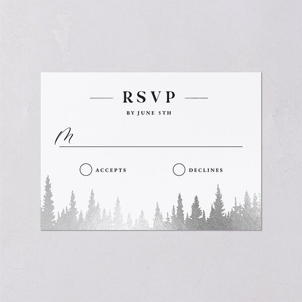 Mountain Escape Foil Wedding Response Cards Silver Dark Emerald Signature