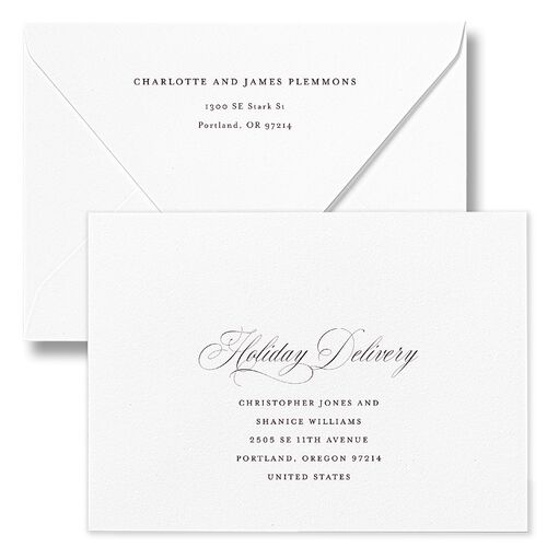 Classic Border First Married Christmas Holiday Card Euro Envelopes White Merlot Both Recipient and Return Addresses Luxe Signature