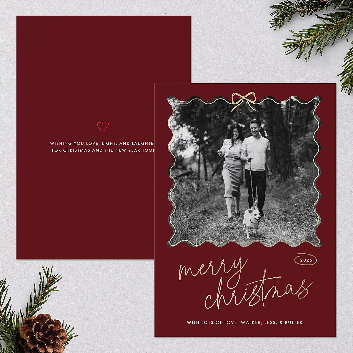 Wavy Bow Frame Foil Holiday Cards Gold Jewel Red Signature Blank Standard Portrait