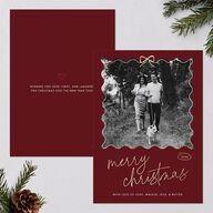 Wavy Bow Frame Foil Holiday Cards Gold Jewel Red Signature Blank Standard Portrait