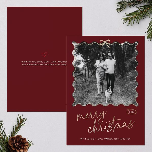 Wavy Bow Frame Foil Holiday Cards Gold Jewel Red Signature Blank Standard Portrait