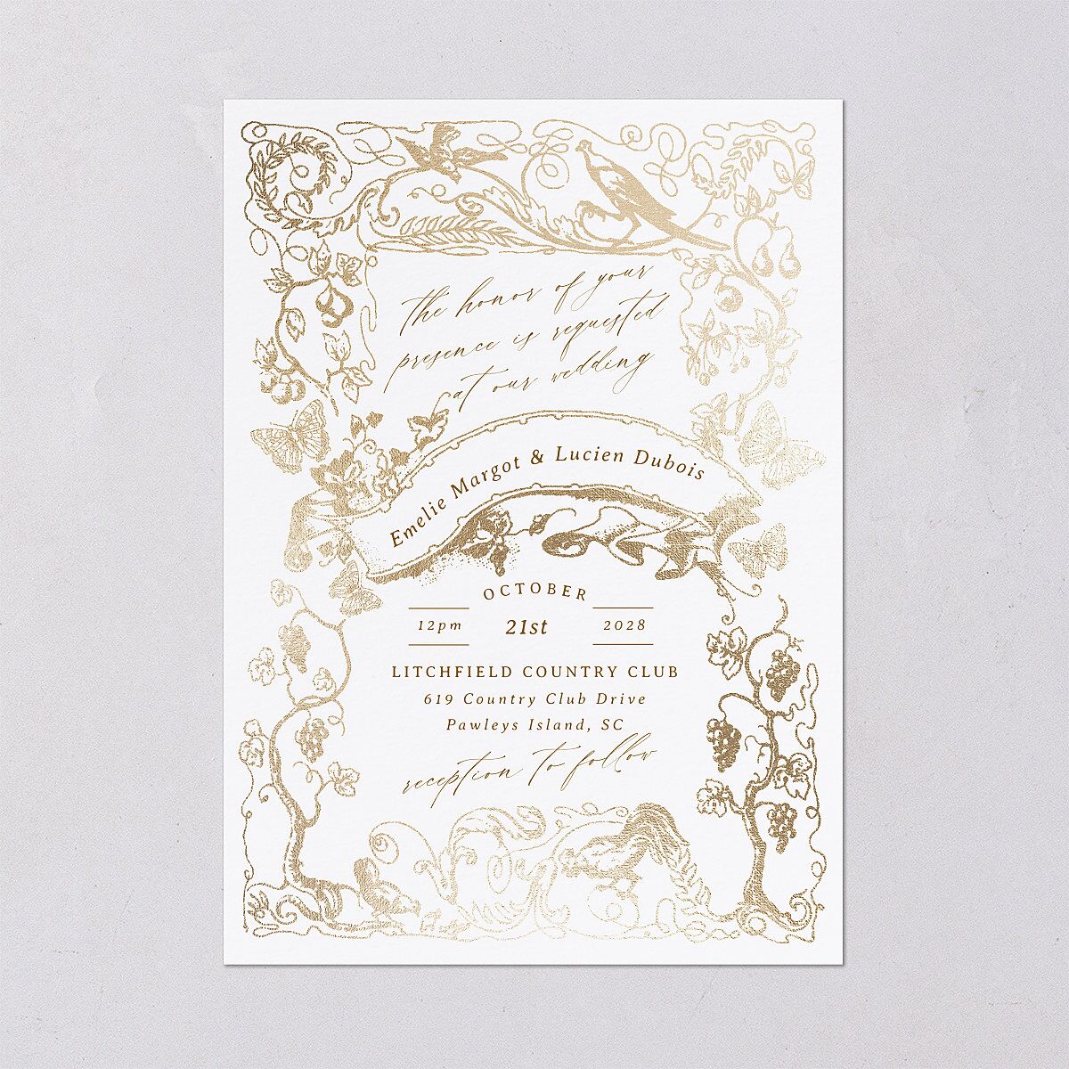 Vintage Toile Foil Wedding Invitations Gold Marigold Signature Blank No
