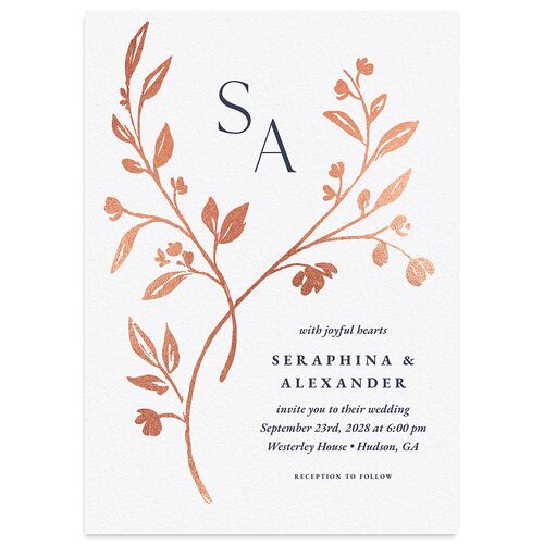 Botanical Initials Foil Wedding Invitations Rose Gold Ice Blue Signature Blank No Standard