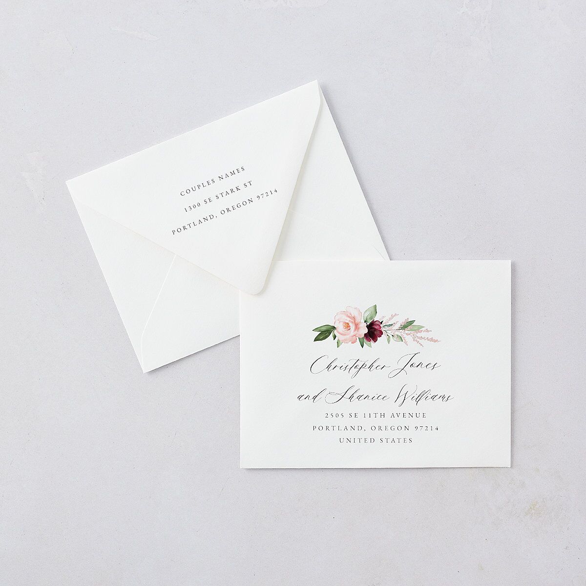 Beloved Floral Save the Date Petite Card Euro Envelopes White Luxe Dark Berry Both Recipient and Return Addresses