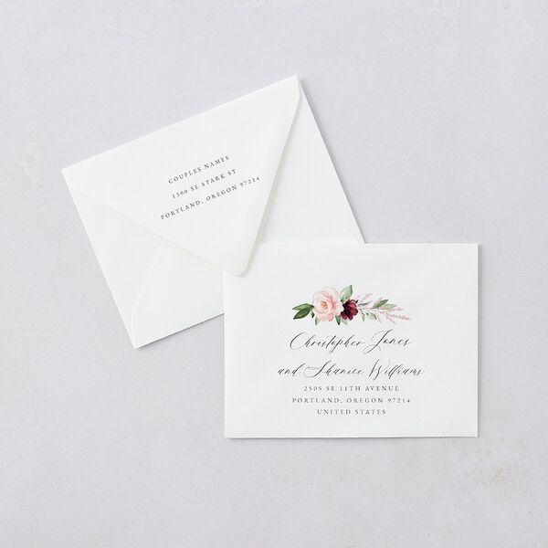 Beloved Floral Save the Date Petite Card Euro Envelopes White Luxe Dark Berry Both Recipient and Return Addresses